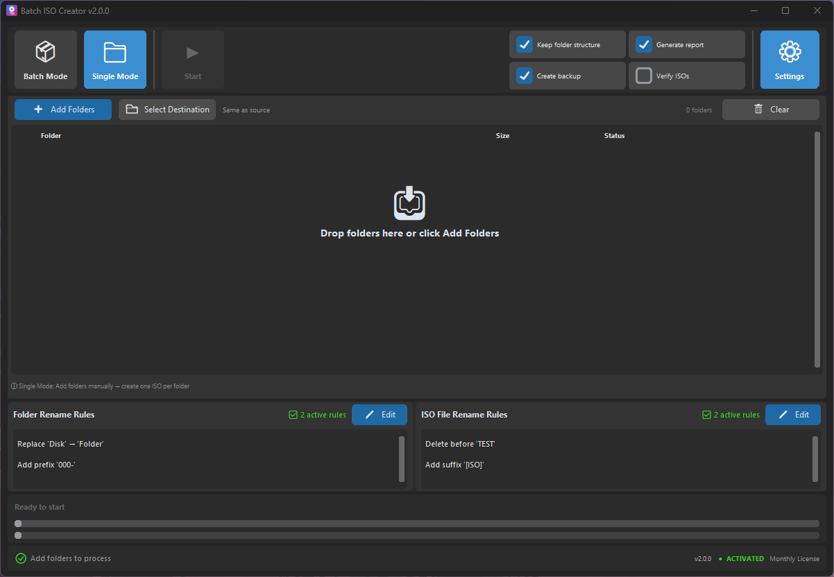 Batch ISO Creator single mode for one folder ISO creation