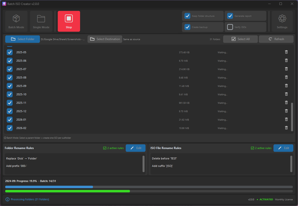 Batch ISO Creator batch processing screen
