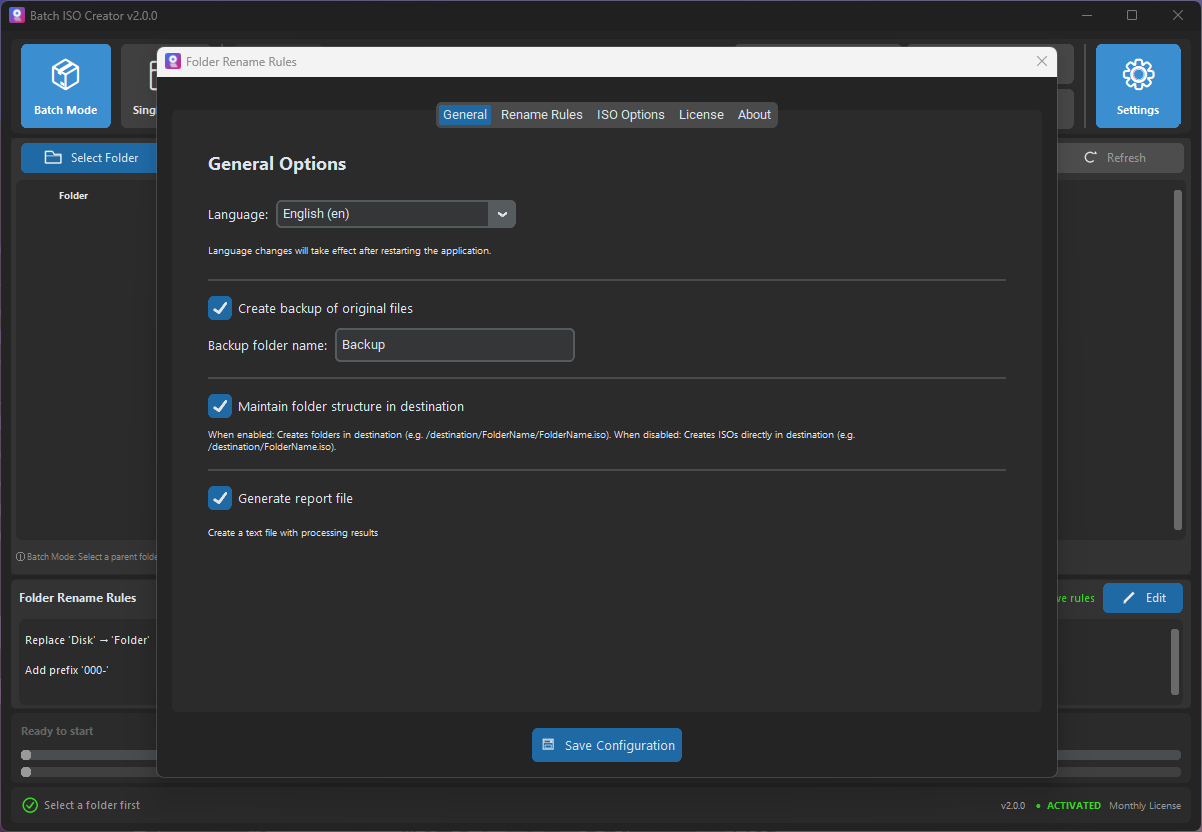 Batch ISO Creator general settings screen